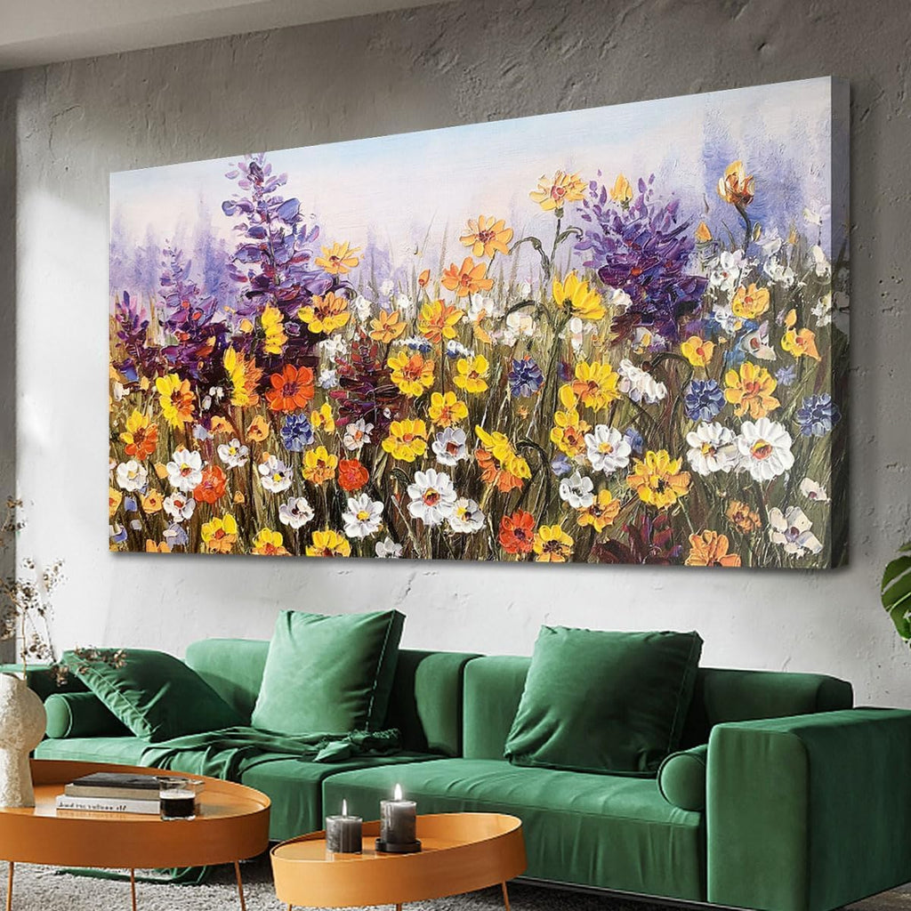 Ardemy Flower Canvas Wall Art for Living Room Extra Large Daisy Colorful Textured Picture Bedroom, Wildflower Painting Purple Yellow Floral Artwork Framed for Home Office Wall Decor 58'x29'