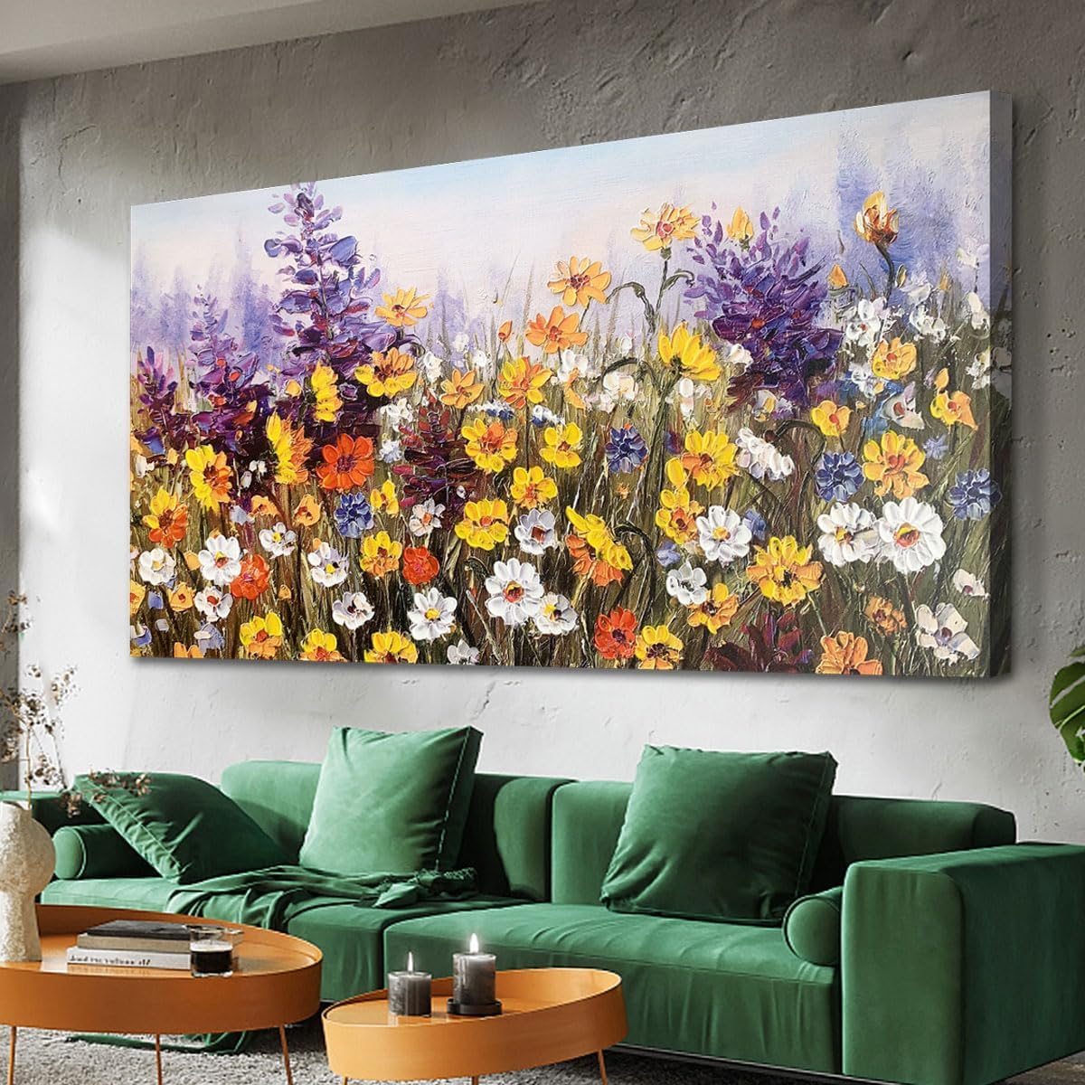 Ardemy Flower Canvas Wall Art for Living Room Extra Large Daisy Colorful Textured Picture Bedroom, Wildflower Painting Purple Yellow Floral Artwork Framed for Home Office Wall Decor 58'x29'