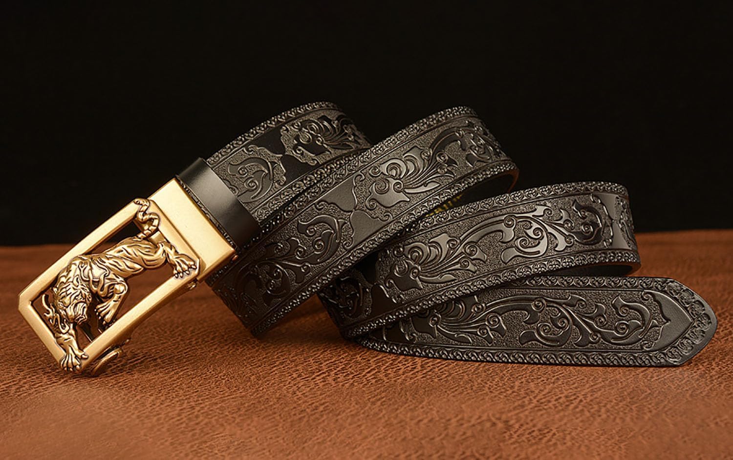 Mens Ratchet Leather Belt, Genuine Leather belts, Engraved Vintage Dragon Eagle Tiger Buckle, Business leisure belt