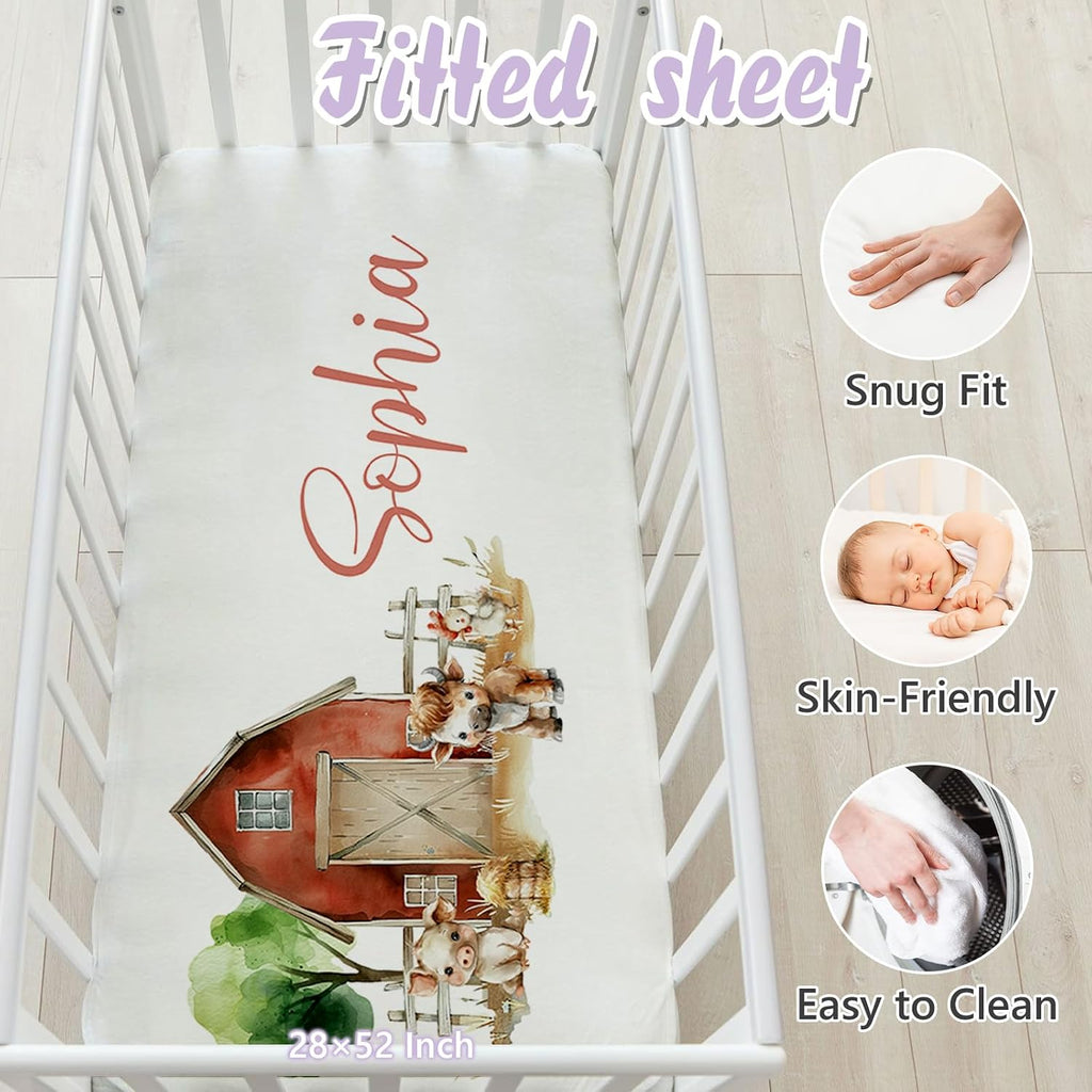 Personalized Baby Crib Bedding Set, 5 Pcs Custom Name Nursery Bedding Set for Girls Boys, Cute Farm Animals Baby Crib Set for Toddlers Infants, Double Layer Bedding Crib Sets Customized Gifts