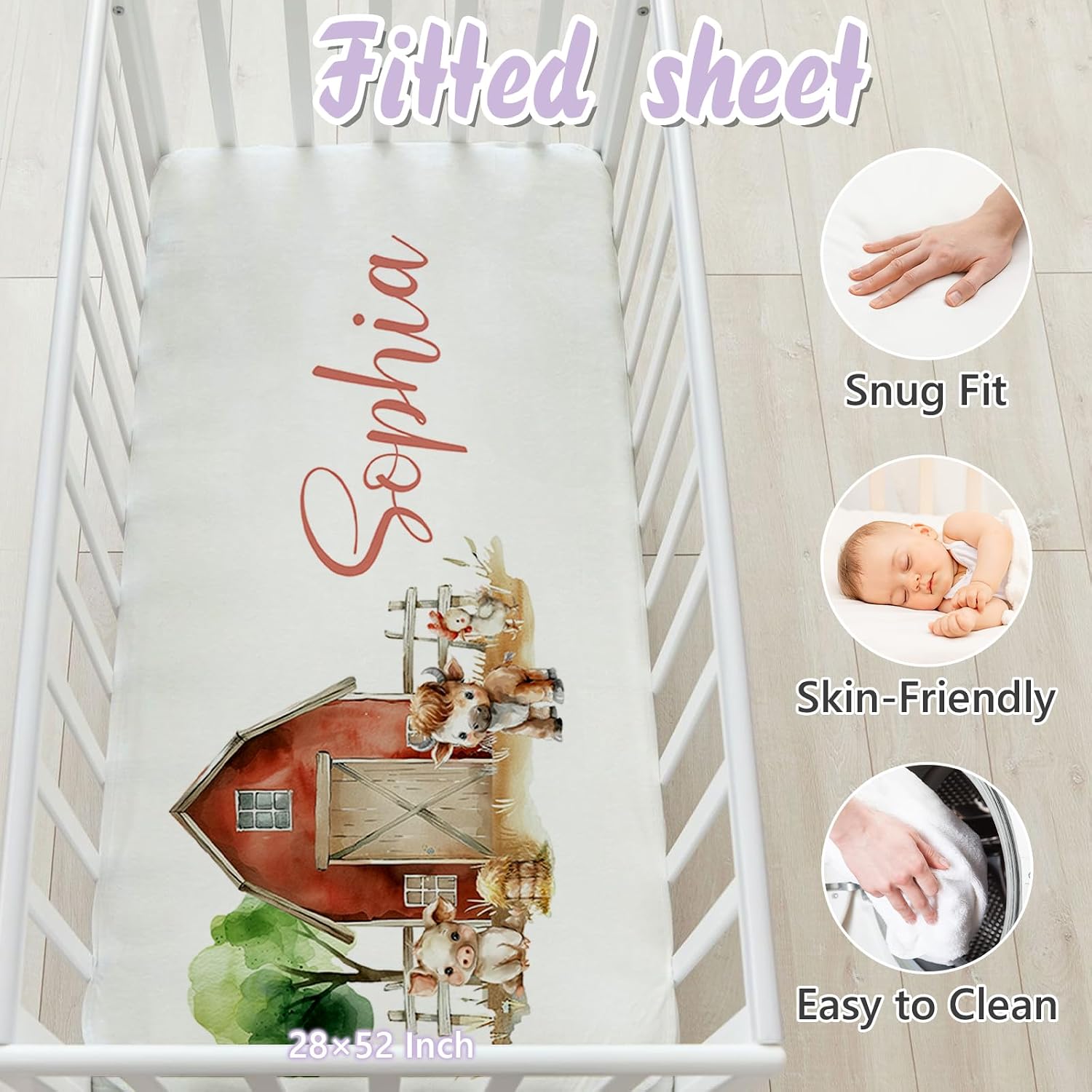 Personalized Baby Crib Bedding Set, 5 Pcs Custom Name Nursery Bedding Set for Girls Boys, Cute Farm Animals Baby Crib Set for Toddlers Infants, Double Layer Bedding Crib Sets Customized Gifts