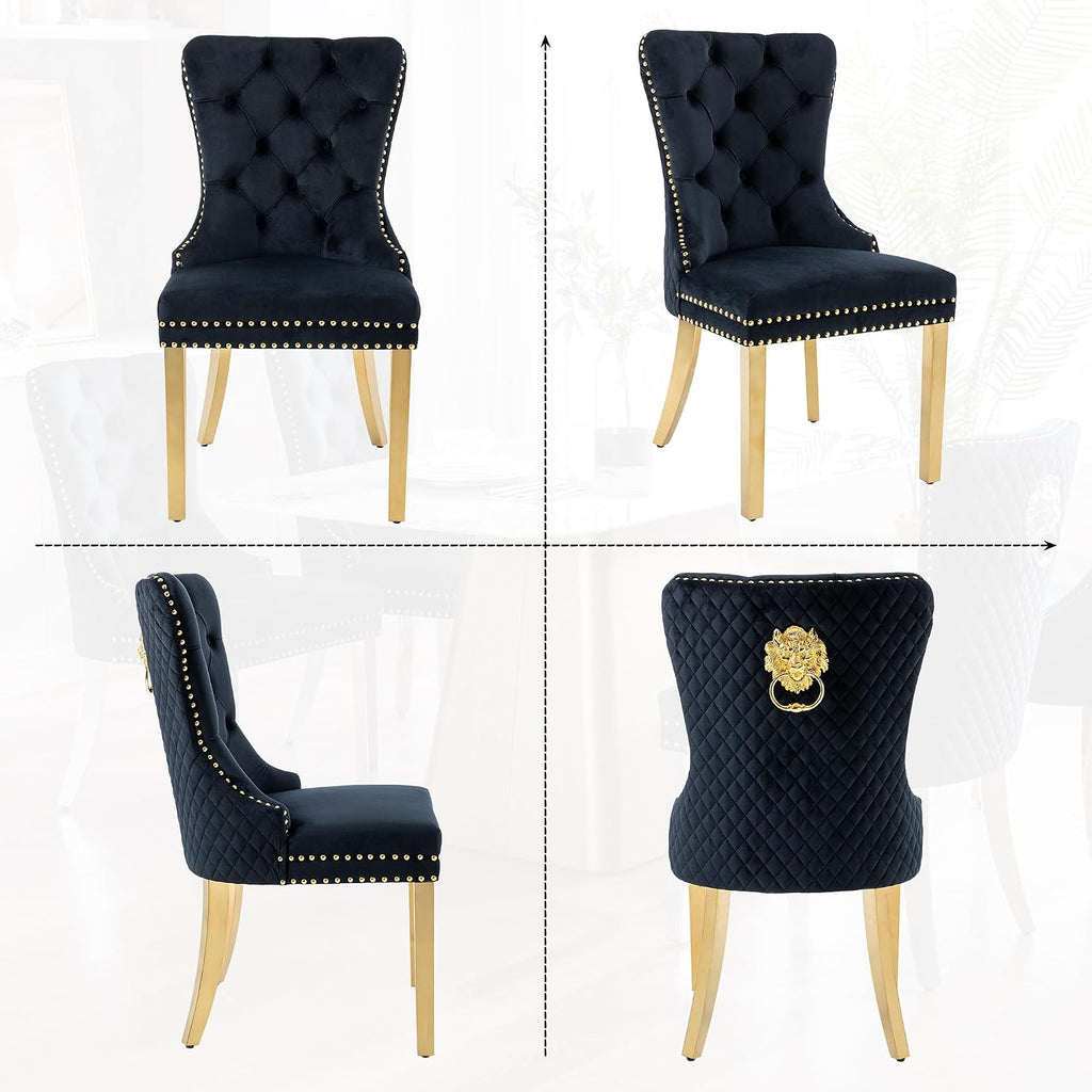 Velvet Dining Chairs Set of 6, Upholstered Dining Room Chairs, Mid-Century Modern Chairs with Diamond Lattice Tufted Back, Lion Pull Ring Rivet Trim, Golden Metal Legs for Kitchen, Black