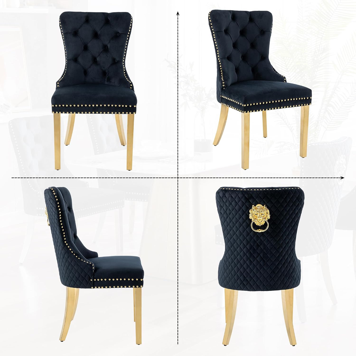 Velvet Dining Chairs Set of 6, Upholstered Dining Room Chairs, Mid-Century Modern Chairs with Diamond Lattice Tufted Back, Lion Pull Ring Rivet Trim, Golden Metal Legs for Kitchen, Black