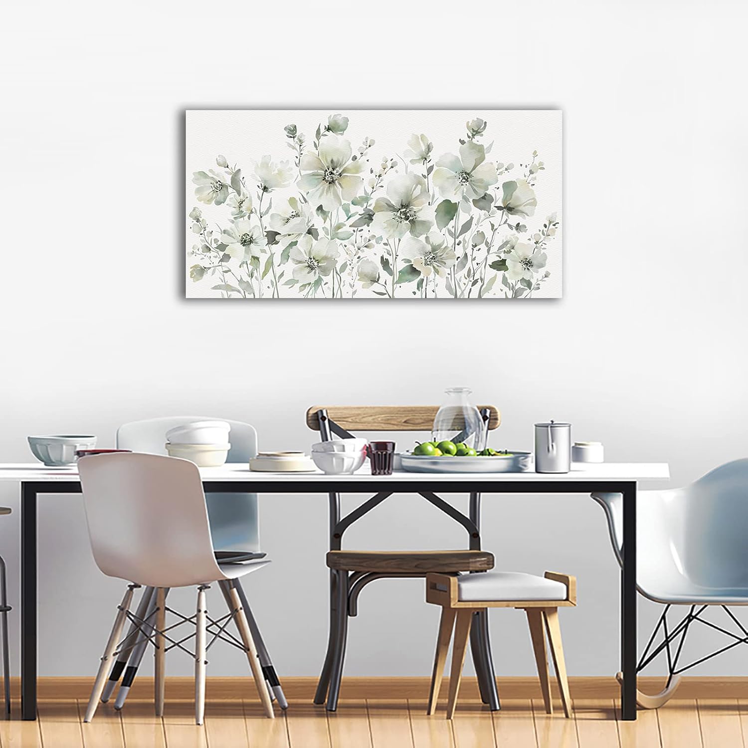 Elegant Flowers Wall Art Abstract Floral Pictures Wall Decor Modern Green Botanical Canvas Painting Flower Blossom Canvas Print Artwork for Living Room Bedroom Office Home Wall Decoration 29' x 58'