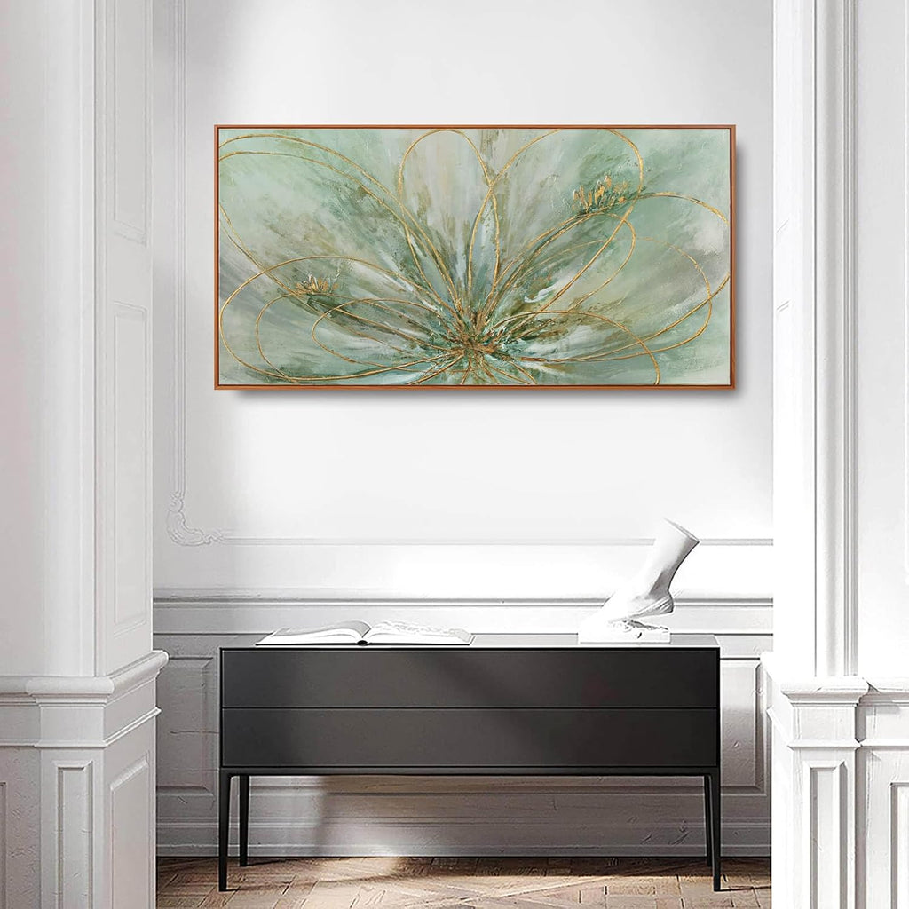 YJYart Green Abstract Canvas Artwork Flowers Wall Decor for Office Line Art Painting 24'x 48' Pictures for Bedroom Dining Room Neutral Wall Art