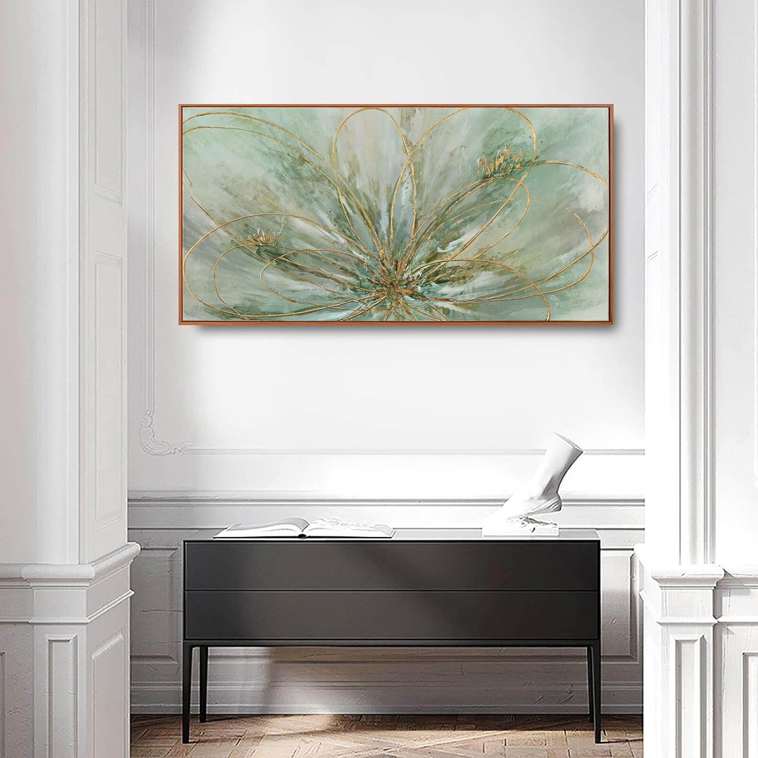 YJYart Green Abstract Canvas Artwork Flowers Wall Decor for Office Line Art Painting 24'x 48' Pictures for Bedroom Dining Room Neutral Wall Art