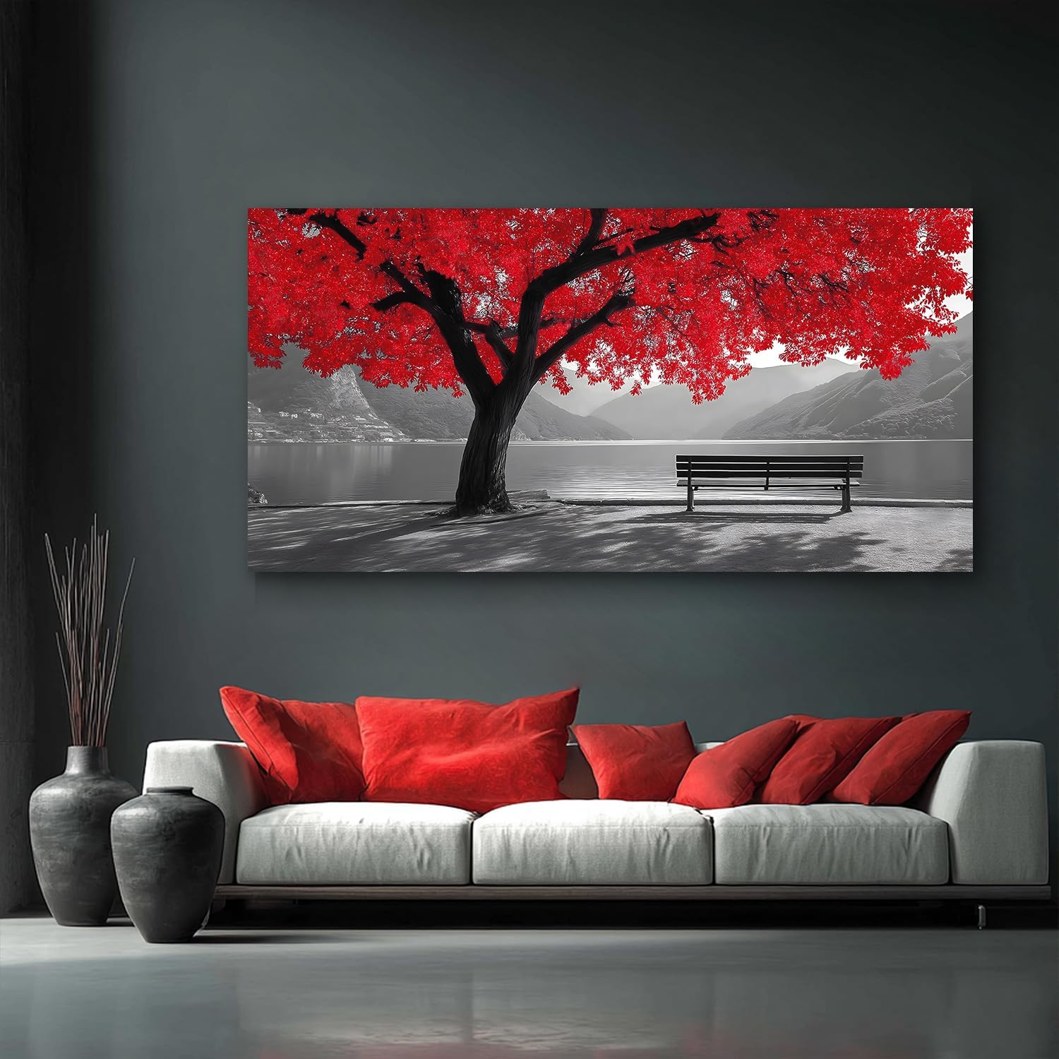 Tarfupth Black and White Red Large Tree of Life Wall Art for Living Room Mountain Artwork Landscape Lake Pictures for Bedroom Office Home Decor Modern Canvas Prints 29'x58'