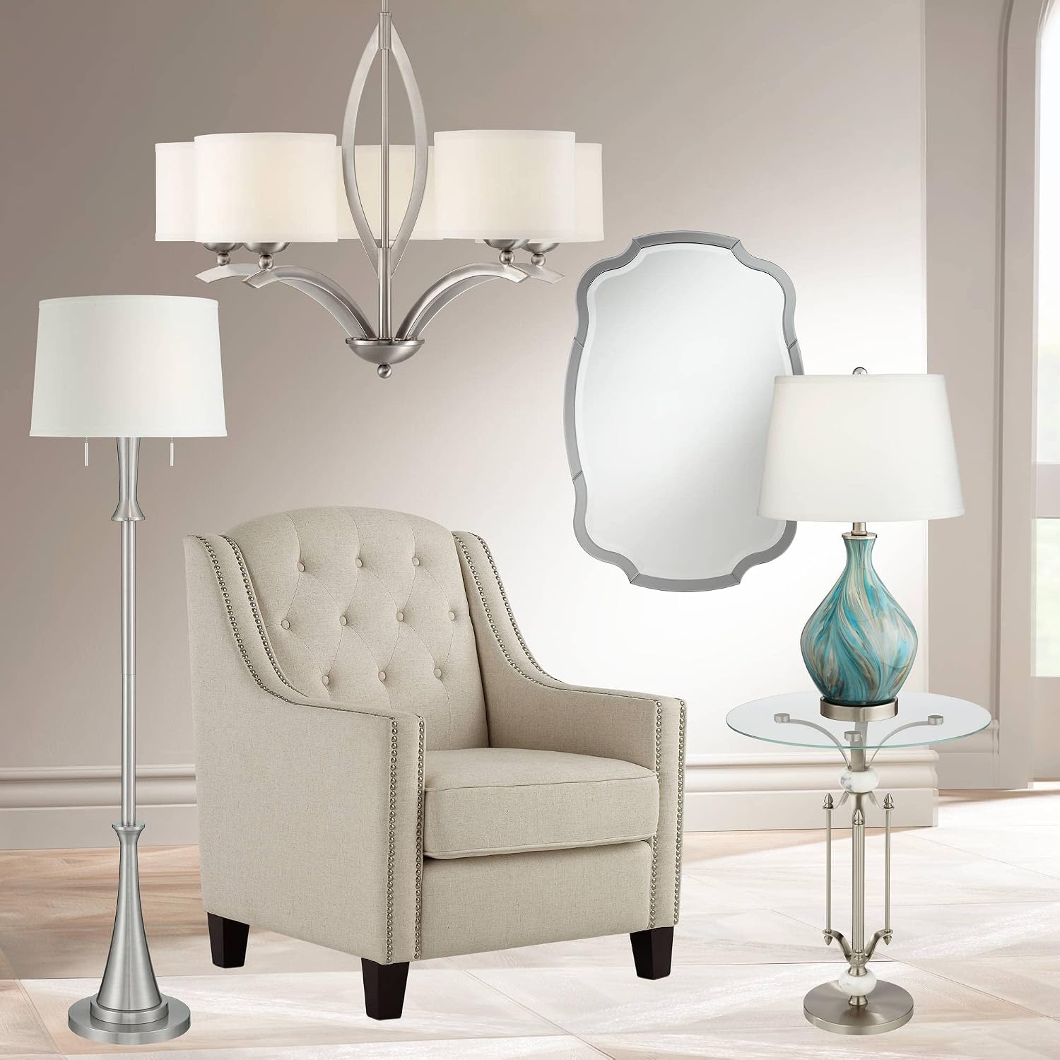 360 Lighting Cirrus Modern Style Accent Table Lamp 22' High Blue Gray Glazed Art Glass Off White Drum Shade Decor for Living Room Bedroom House Bedside Nightstand Home Office (Color May Vary)