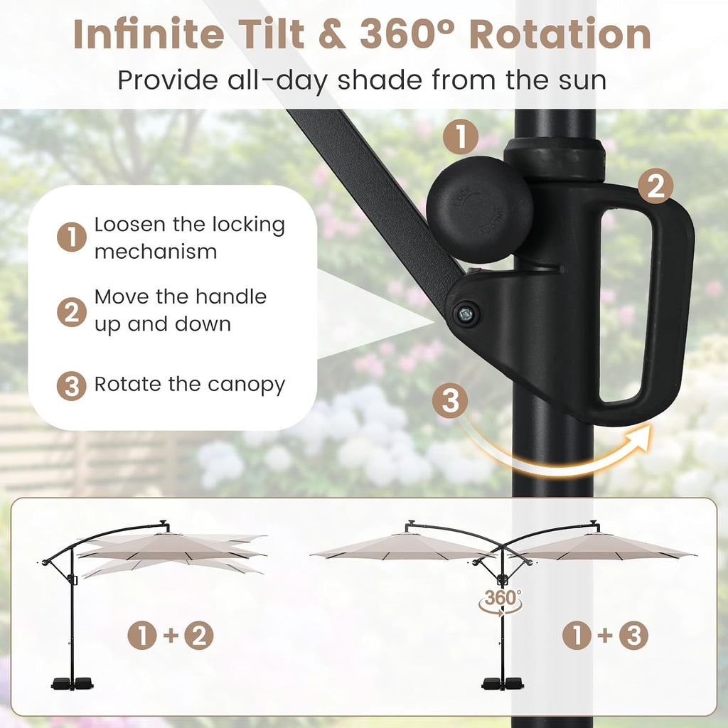 Tangkula 10 FT Solar Patio Umbrella with Base Included, Cantilever Offset Hanging Outdoor Umbrella with 96 Multi-Colored Flowing LED Lights, 9 Modes, Tilt Adjustment, 360° Rotation, Crank for Pool Yard Deck Lawn (Beige)