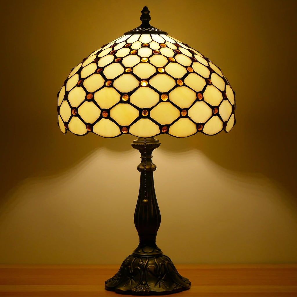 Tiffany Lamp Stained Glass Table Lamp Antique Bedside Reading Light W12H19 Inches (Cream Amber Pearl)