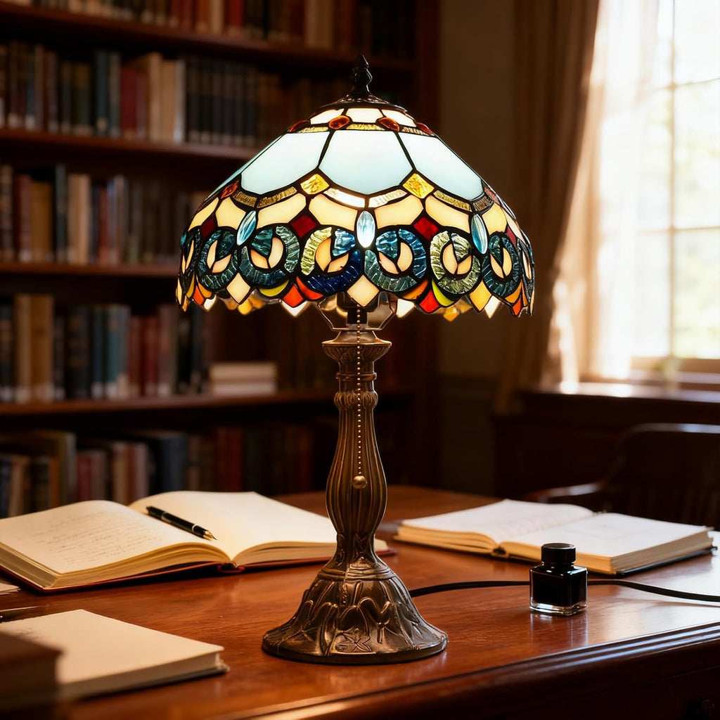 MOAN Lamp Stained Glass Table Lamp 12X12X19 Inch Bedside Reading Light Antique Bronze Base(Sapphire Style)