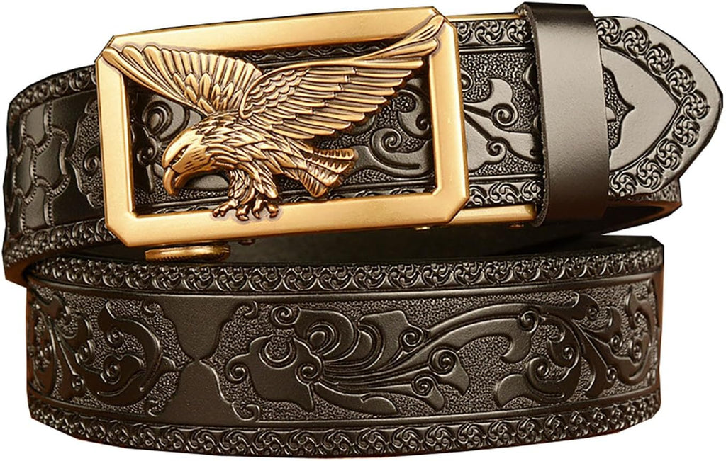 Mens Ratchet Leather Belt, Genuine Leather belts, Engraved Vintage Dragon Eagle Tiger Buckle, Business leisure belt