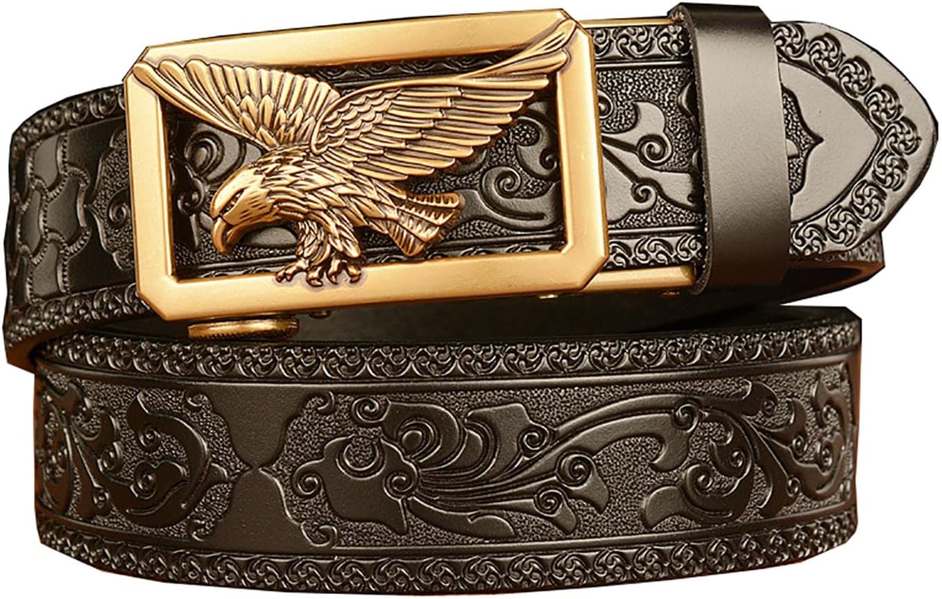 Mens Ratchet Leather Belt, Genuine Leather belts, Engraved Vintage Dragon Eagle Tiger Buckle, Business leisure belt