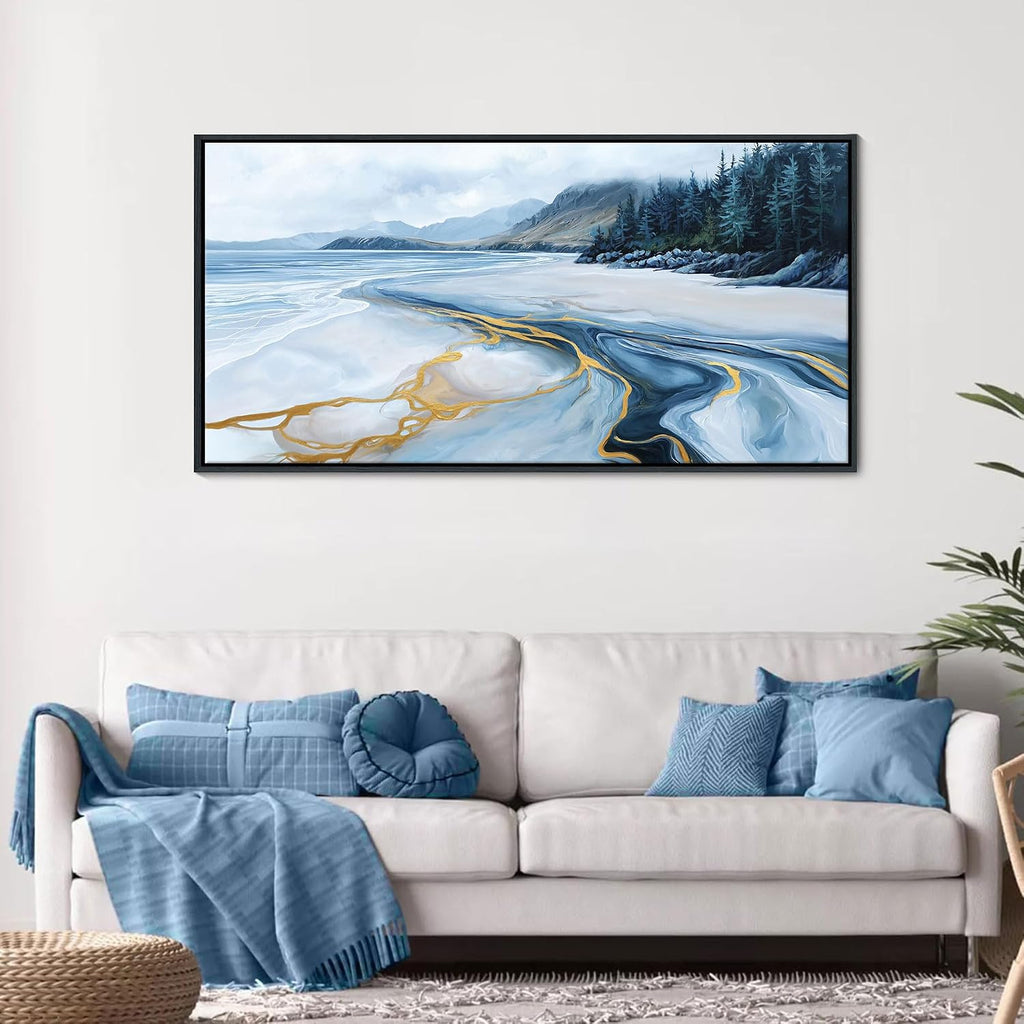 Blue and Gold Abstract Wall Art - Ocean Beach Pictures for Living Room Coastal Bedroom Paintings for Wall Decor Framed Landscape Artwork for Walls large Modern Decoration 24×48IN