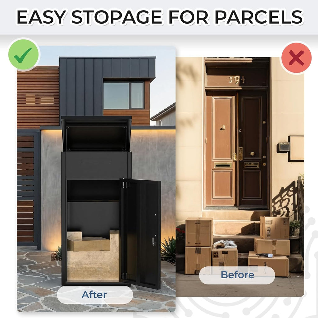 Package Delivery Box for Outside,Lockable Anti-Theft Parcel Drop Box with Mailbox Waterproof Weather Resistant Full Metal Frame (Black, 38.3'x17'x16', Flip-Top)