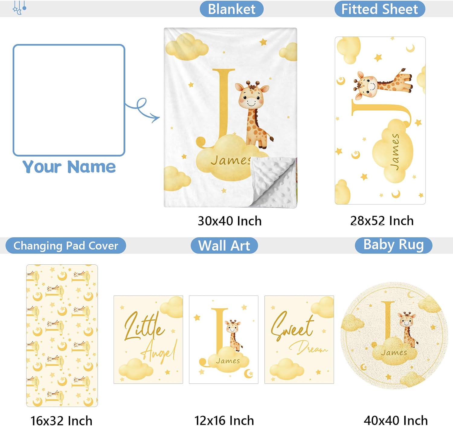 KAINSY Custom Crib Bedding Set, 5 Pcs Personalized Name Monogram Baby Crib Sets for Infants Toddlers, Yellow Giraffe Nursery Bedding Set for Boys Girls, Double Layer Baby Bedding Sets Customized Gifts