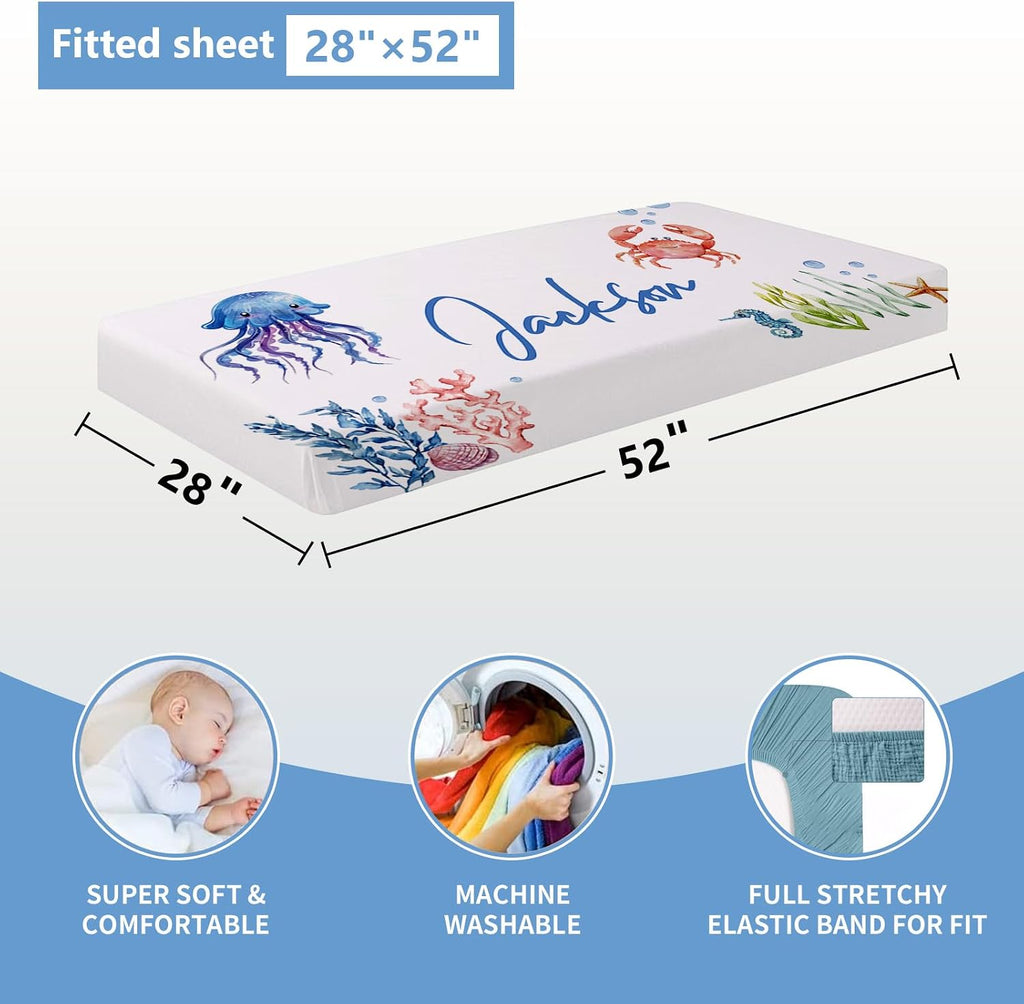KAINSY Custom Crib Bedding Set 5 Pcs for Girls Boys – Personalized Blue Ocean Animals Theme, Newborn Sleep Set, Nursery Decor, Toddler Room Essentials, Infant Sleep, Baby Room Accessories, Baby Gift