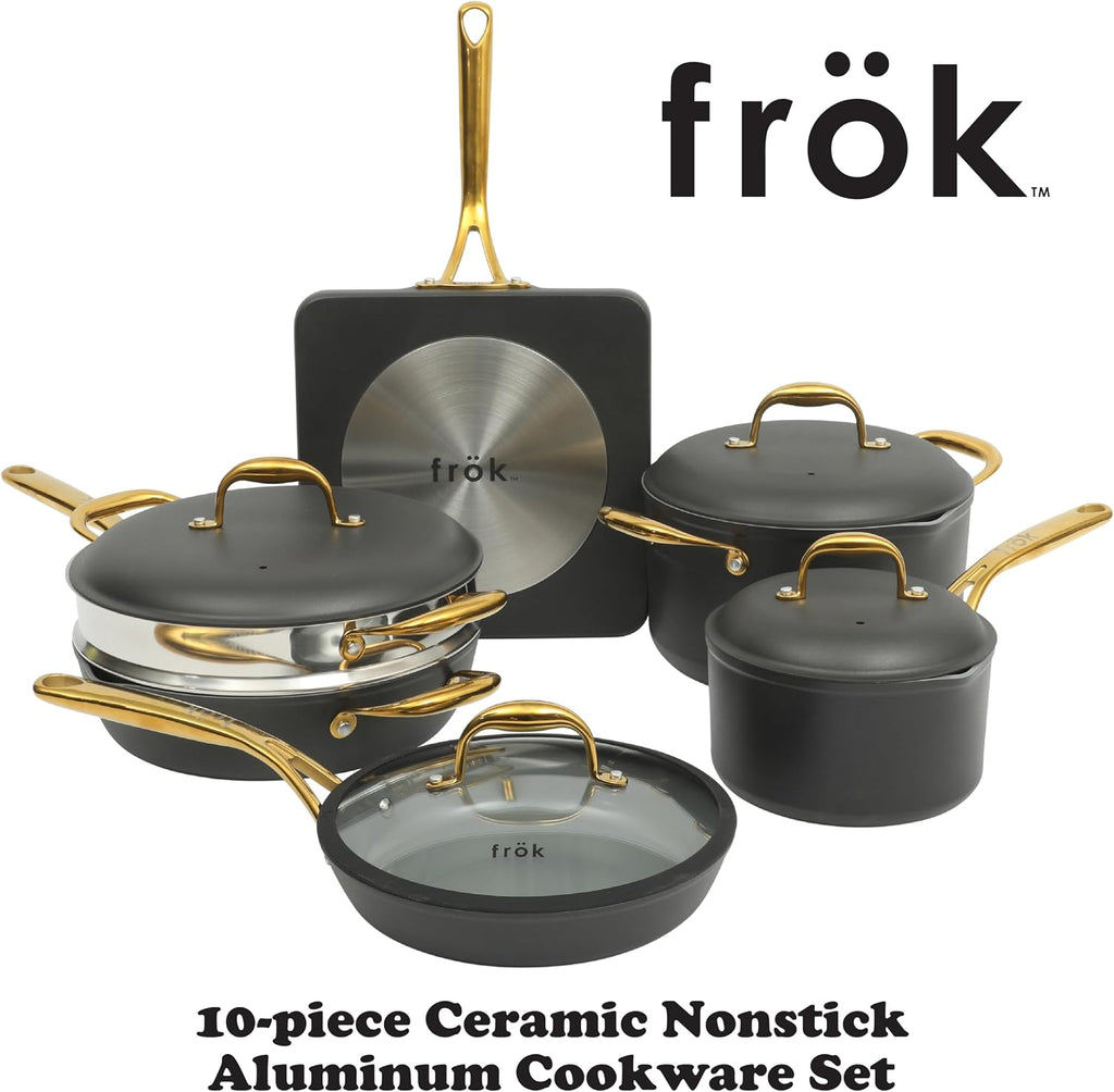 Frok 10 Piece Pots and Pans 4MM Thick Quick Heat Aluminum Cookware Set w/Premium PFA Free Ceramic Nonstick Interior Heat Resistant Exterior - Induction - Black & Gold