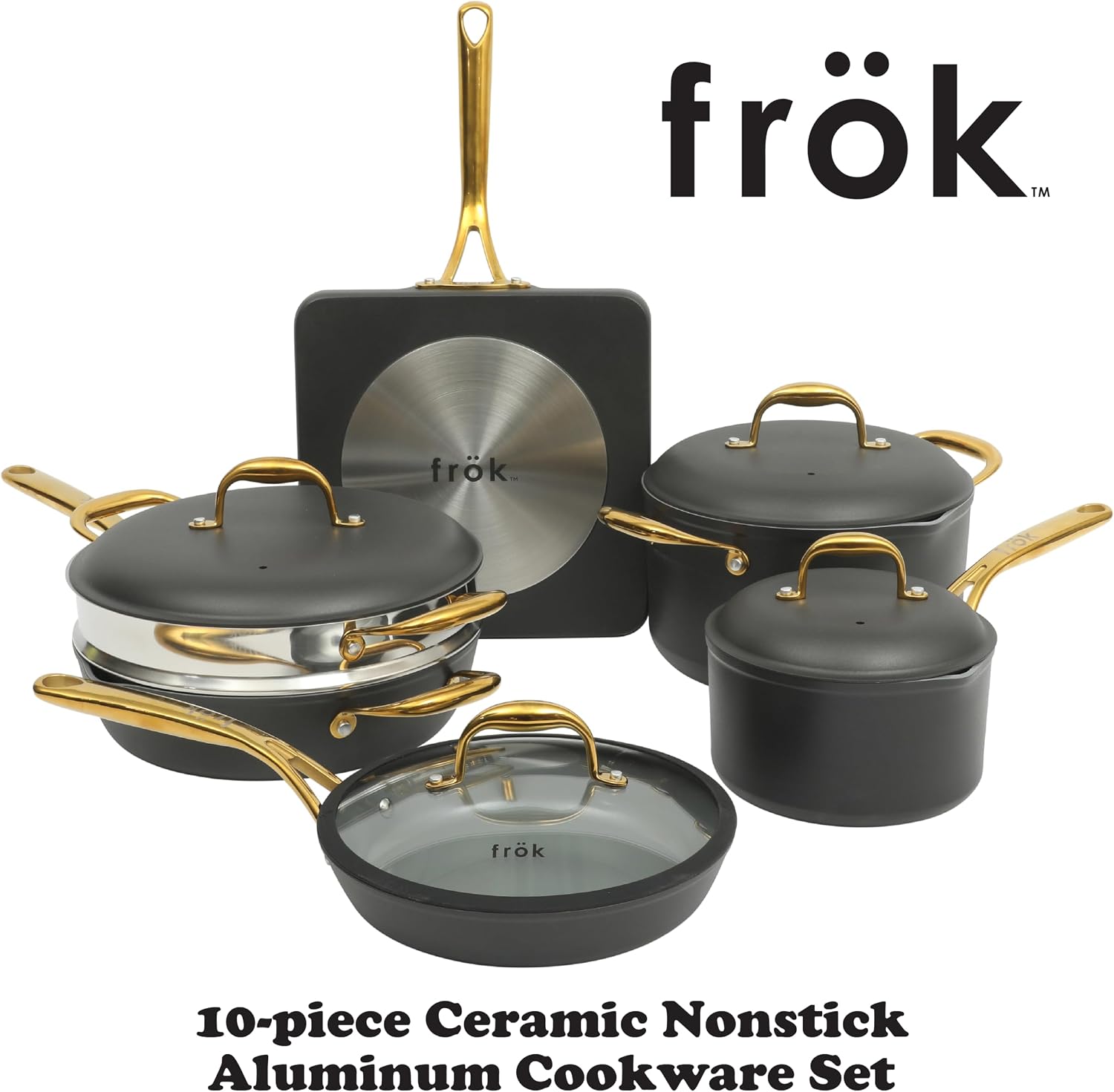 Frok 10 Piece Pots and Pans 4MM Thick Quick Heat Aluminum Cookware Set w/Premium PFA Free Ceramic Nonstick Interior Heat Resistant Exterior - Induction - Black & Gold