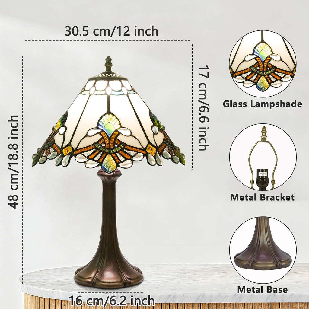 Tiffany Style Table Lamp, Small Stained Glass Lamp for Bedside, Bedroom, Nightstand, Living Room, 12 Inch Mini Vintage Light Included E26 Bulbs with Remote Control (White Umbrella)