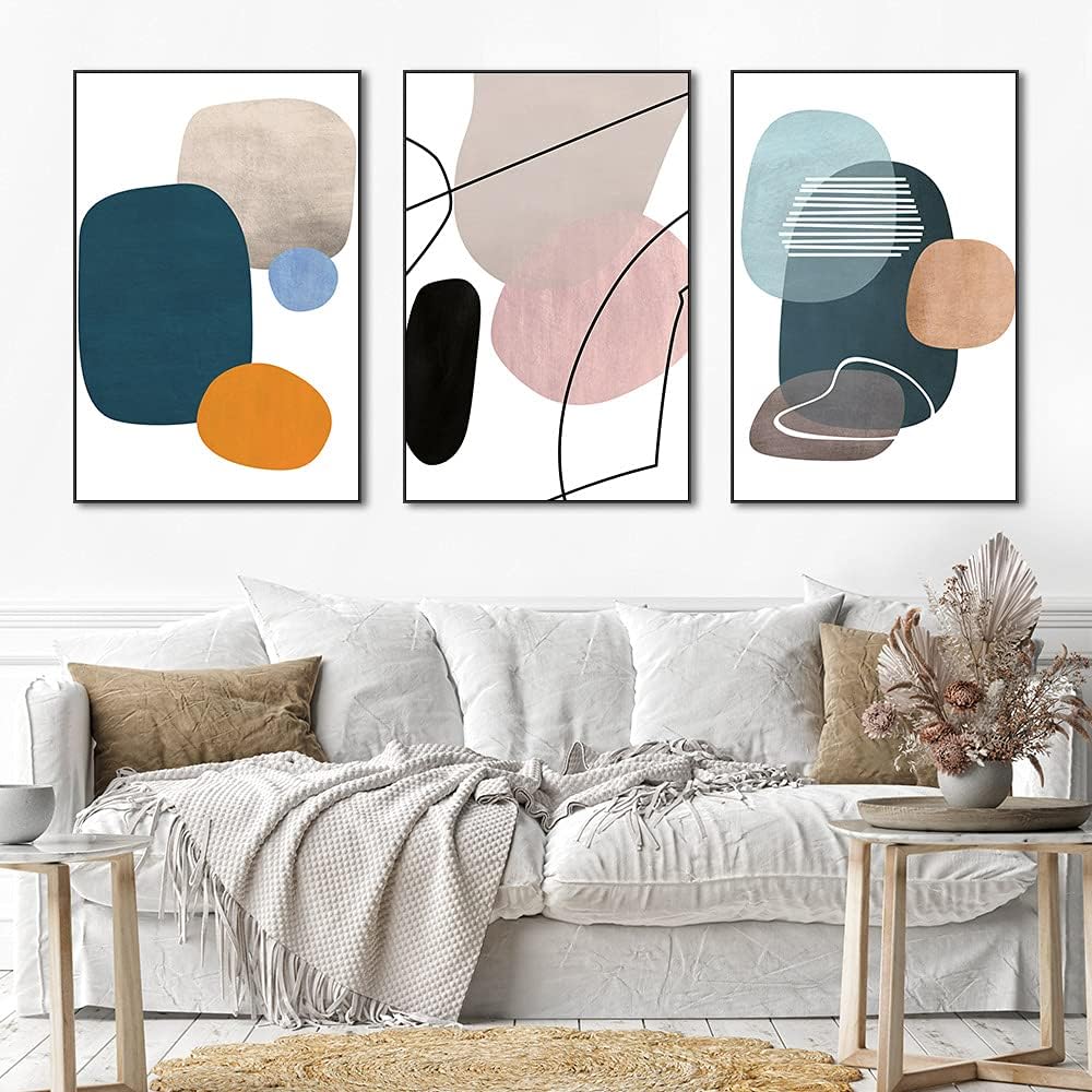 MPLONG Aesthetic Wall Art Large size 24' x 32' x 3 Panels Of Framed Decorative Paintings Abstract Simple Orange White Blue And Other Color Blocks Wall Art Canvas Prints Nature Home Decor