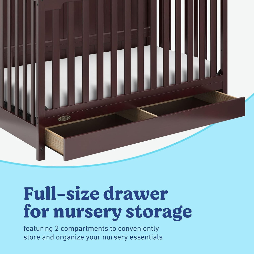 Graco Hadley 5-in-1 Convertible Crib with Drawer – GREENGUARD Gold Certified, Fits Standard Crib Mattress, Converts to Toddler Bed, Daybed and Full Bed, 4 Adjustable Mattress Heights (Espresso)