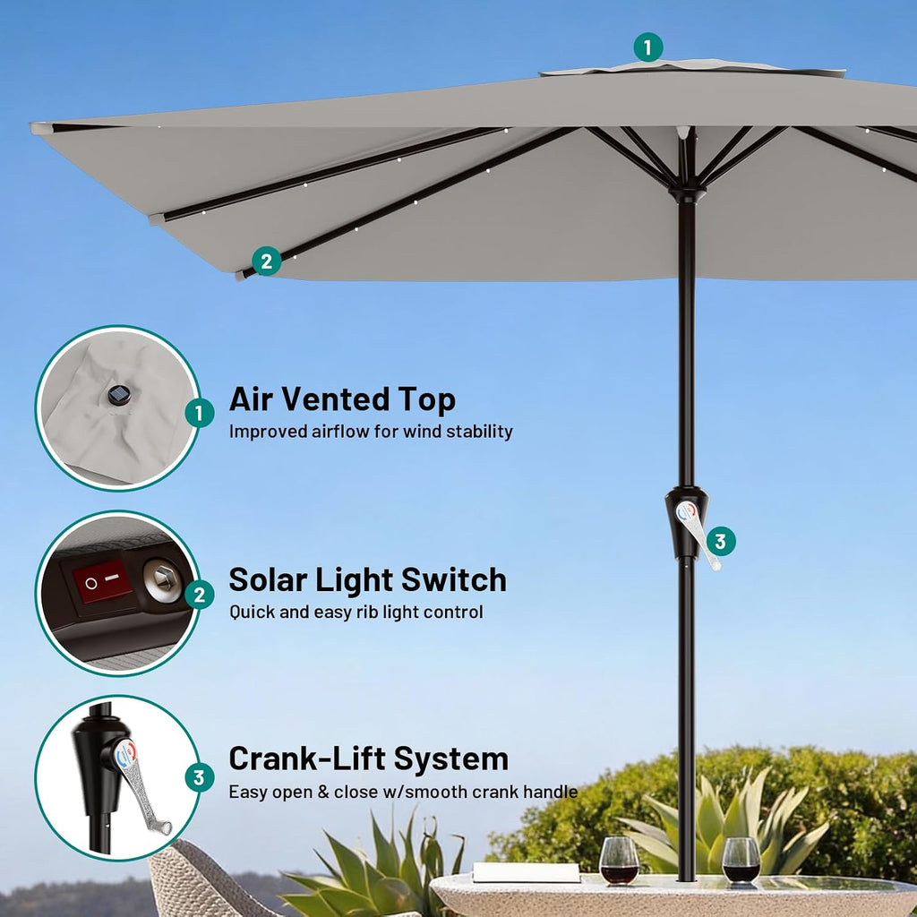 AreShark 8' X 10' Rectangular Patio Umbrella with Solar Lights, Lighted Solar Umbrella with Crank, Outdoor Table Umbrella for Garden, Deck, Backyard, Pool and Beach, Light Gray
