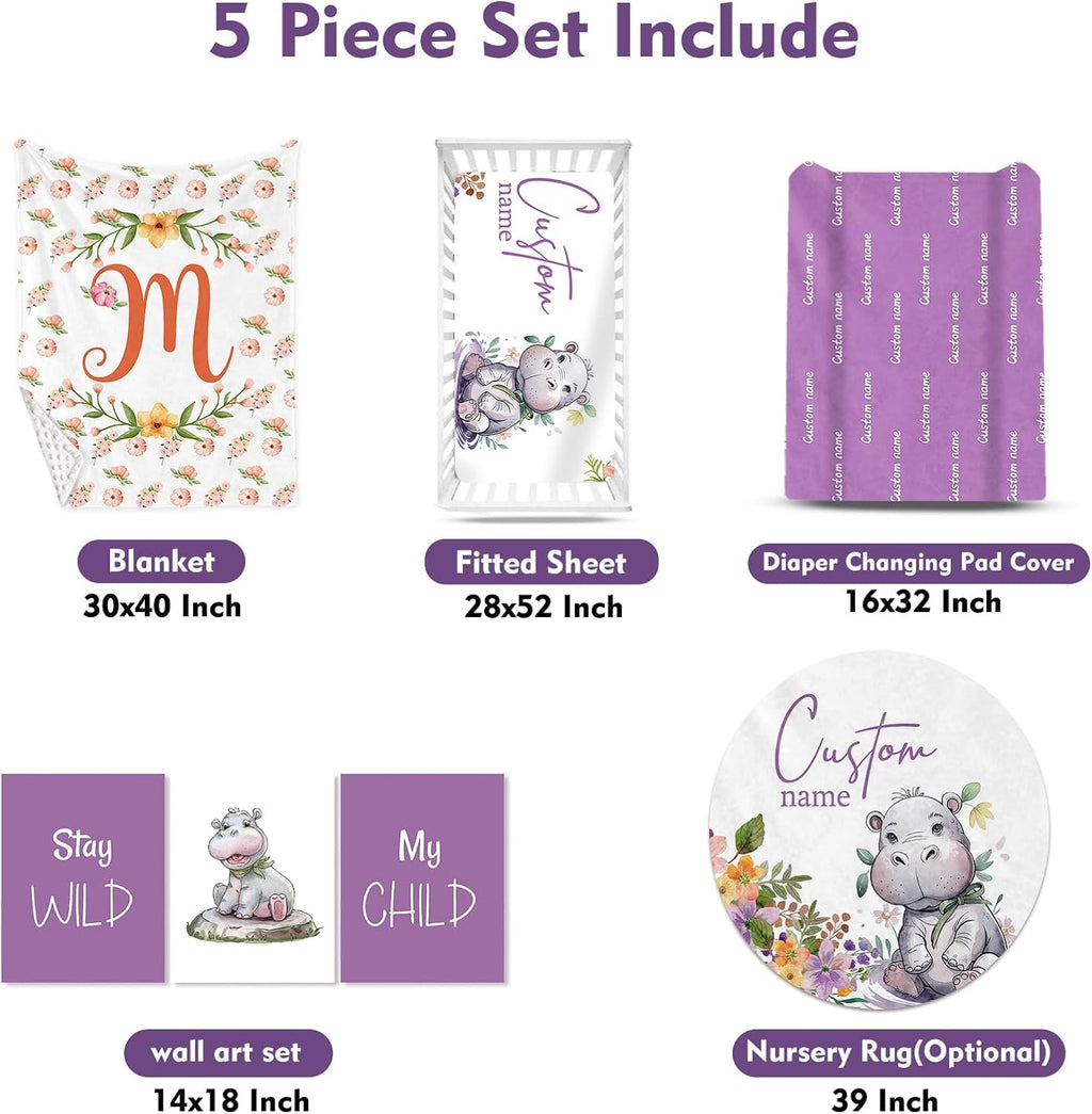 Personalized Crib Bedding Set for Baby Girls, Purple Hippo Pattern Custom Name Baby Crib Sets 5-Pcs, Double Layer Baby Blanket Fitted Sheet Changing Pad Cover Rug Wall Art Set