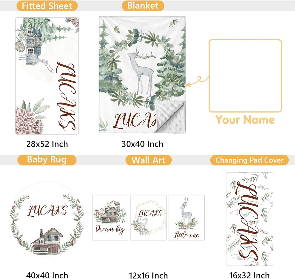 Terwex Personalized Baby Bedding Set - 5 Pcs Custom Toddlers Bedding Set with Infant Name - Soft Double Layer Nursery Crib Set for Girls Boys - Customized Infant Gifts for Baby Shower - Forest Deer