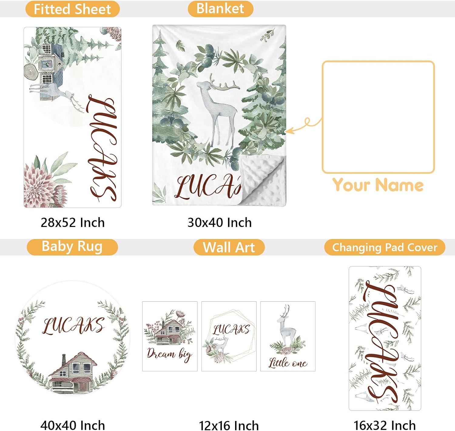 Terwex Personalized Baby Bedding Set - 5 Pcs Custom Toddlers Bedding Set with Infant Name - Soft Double Layer Nursery Crib Set for Girls Boys - Customized Infant Gifts for Baby Shower - Forest Deer