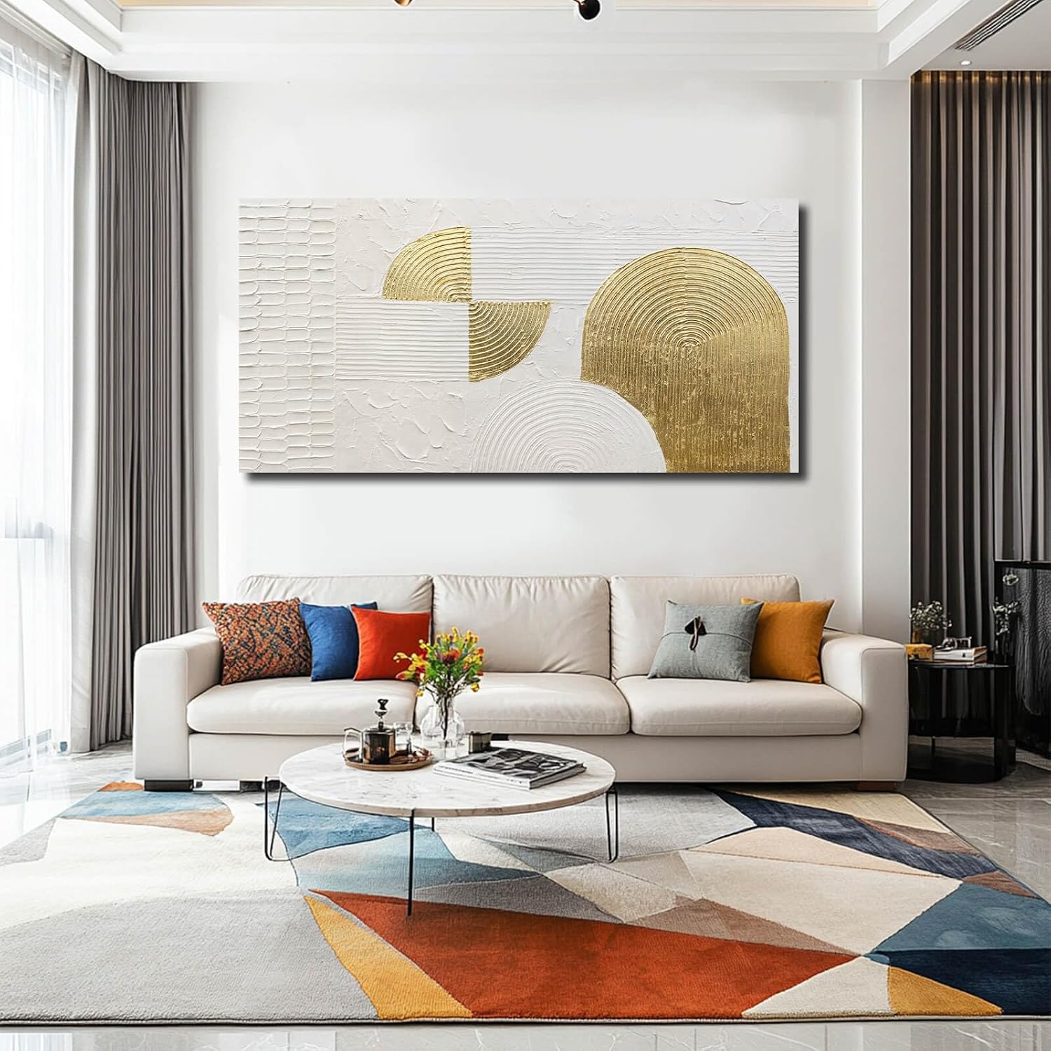 VAYIMDH Large Canvas Wall Art for Living Room Gold Wall Decor White Paintings Abstract Pictures Hand Drawn Arts for Office Hotel 29'x58'