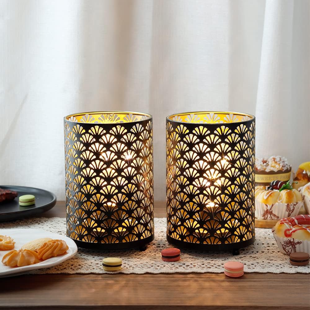 TRIROCKS Set of 12 Table Lamp 6.5'' Tall Metal Cordless Table Lamp Bronze Lanterns with Warm Fairy Lights Bulb for Patio Garden Wedding Parties Indoor Outdoor(Scalloped Hollow Pattern)