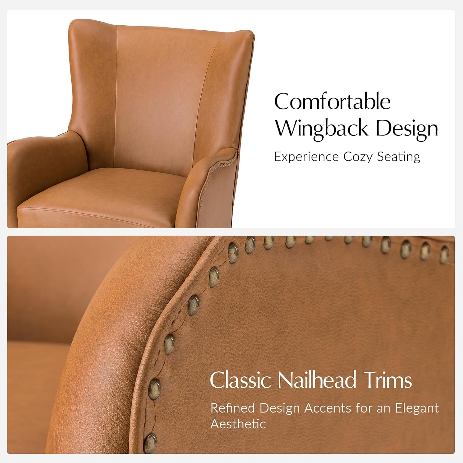 HULALA HOME Faux Leather Accent Chair Set of 2 with Removable Cushion, Comfy Upholstered Armchair with Metal Legs & Nailhead Trim Wingback Vanity Chair for Reading Living Room Bedroom, Camel