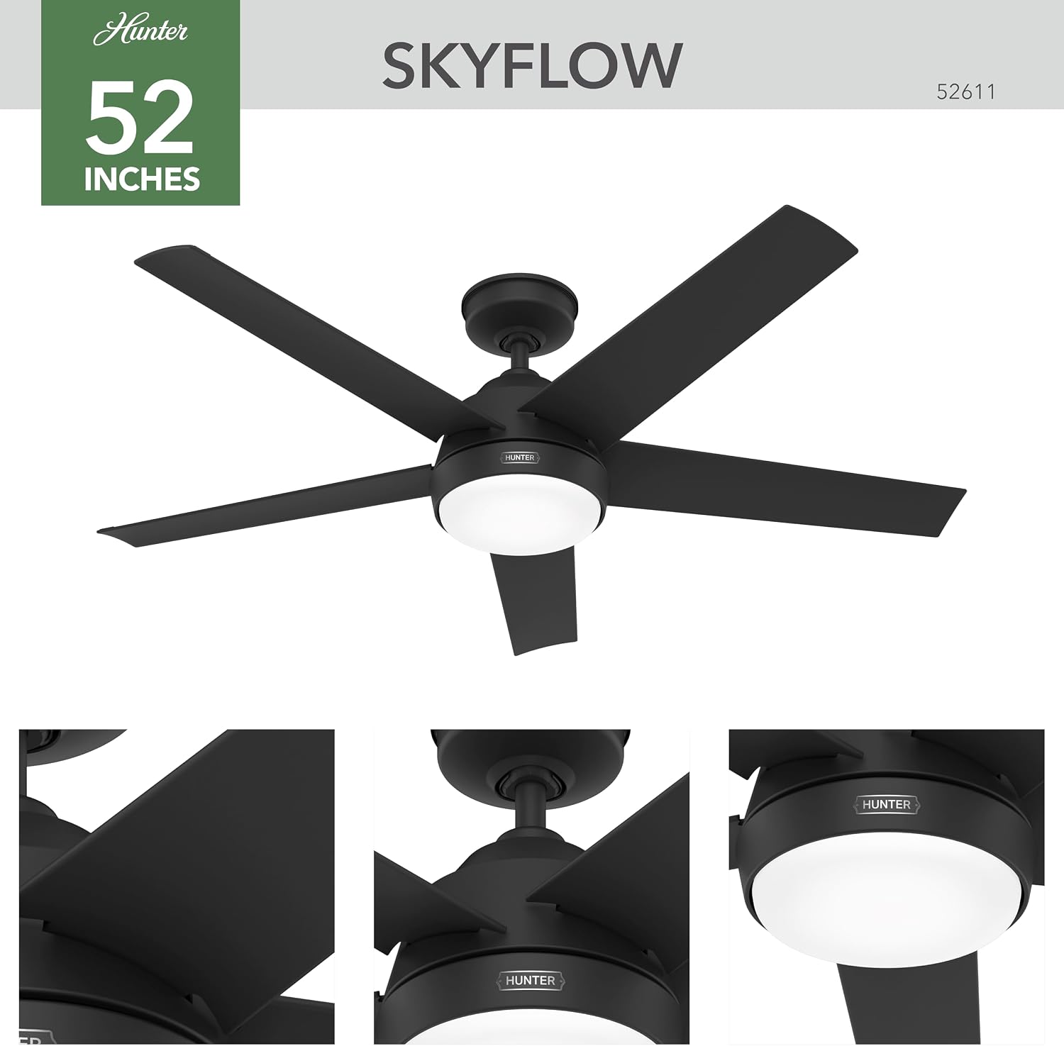 Hunter Skyflow 52 inch Indoor/Outdoor Ceiling Fan with Light and Wall Control, Matte Black Ceiling Fan, 3 Speed WhisperWind Motor, 52589, for Coastal Patios, Pergolas, Bedrooms, or Living Rooms