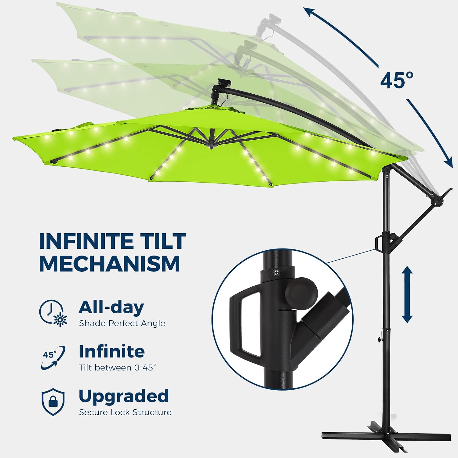 HOMSHADE 10ft Solar Lights Offset Cantilever Patio Umbrella - with Light and Base, LED Lighted Offset Hanging Patio Outdoor Market Umbrella UPF50+ UV Protection with Easy Tilt and Crank (Apple Green)
