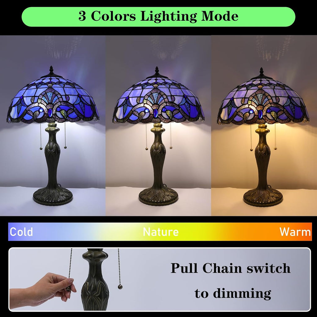 Stained Glass Table Lamp, Adjustable 3 Color Temperature,Blue Baroque Style Lampshade & Plant Texture Curve Antique Base Desk Reading Light 16X16X24 Inches Decor for Bedroom Living Room Office