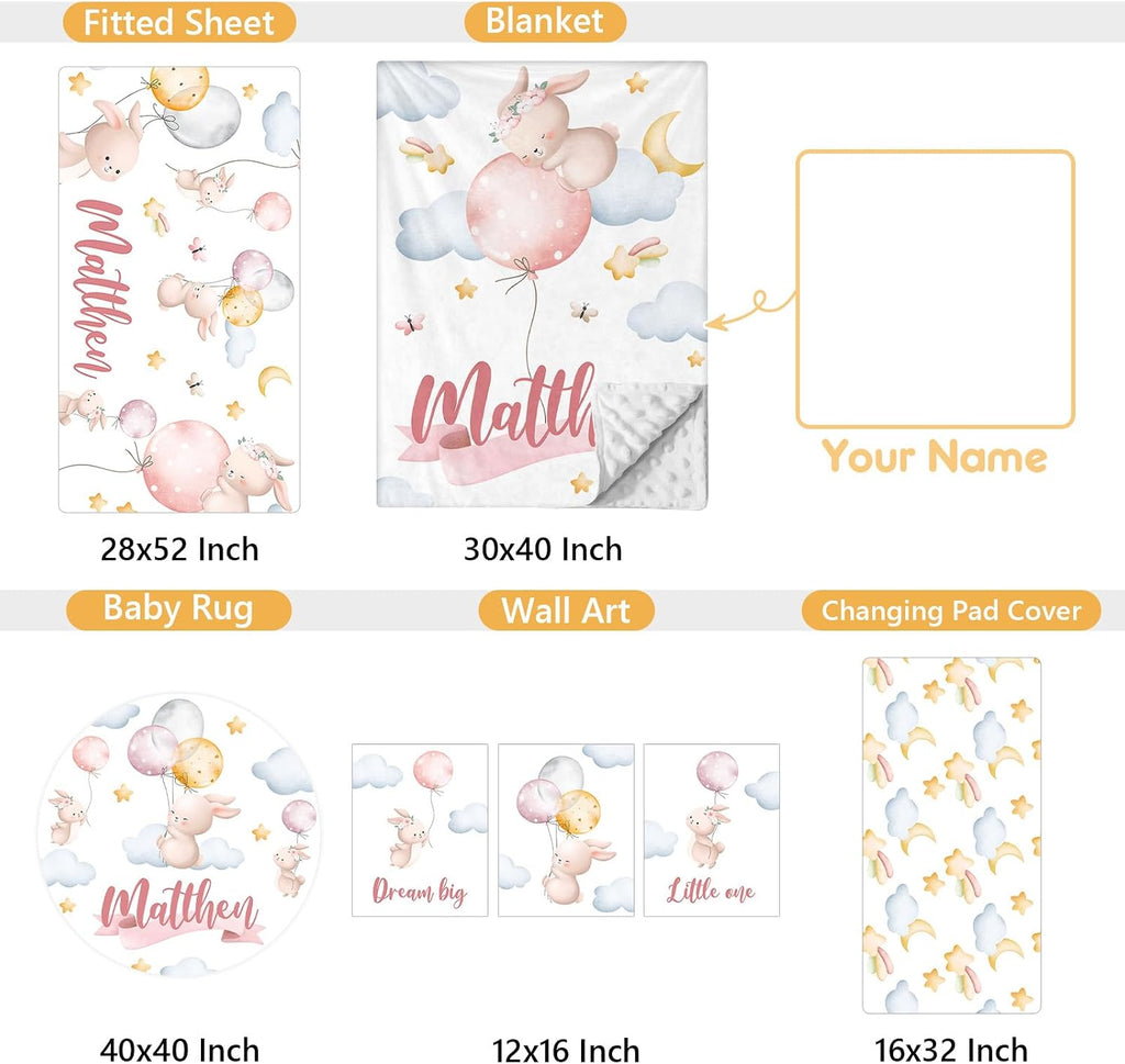 Terwex Personalized Baby Crib Bedding Set, 5 Pcs Custom Name Baby Crib Set with Double Layer Blanket, Soft Balloon Bunny Nursery Bedding Set for Girls Boys, Customized Gifts for Infants Toddlers