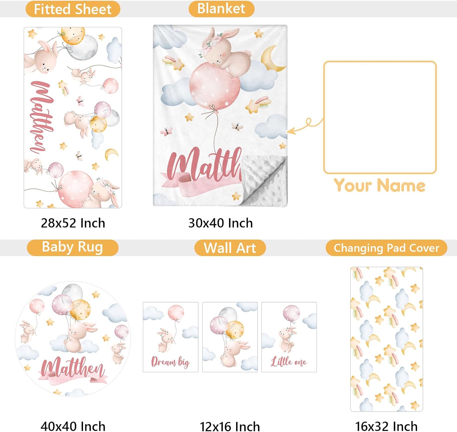 Terwex Personalized Baby Crib Bedding Set, 5 Pcs Custom Name Baby Crib Set with Double Layer Blanket, Soft Balloon Bunny Nursery Bedding Set for Girls Boys, Customized Gifts for Infants Toddlers