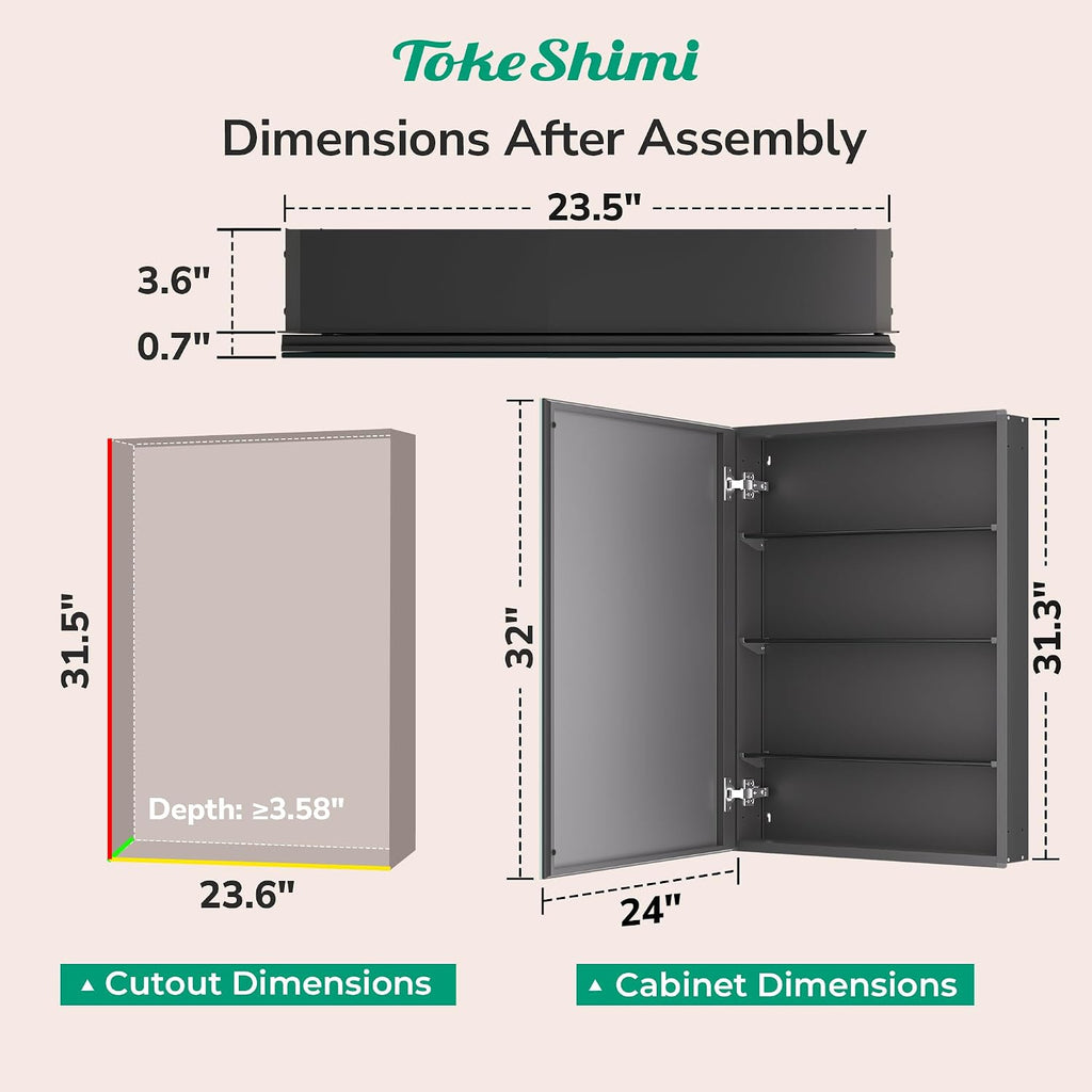 TokeShimi 24 x 32 Mirrored Medicine Cabinet Recessed or Surface Mount, Aluminum Tempered Bathroom Medicine Cabinet with Mirror with Storage Black Stepless Adjustable Metal Shelves Farmhouse