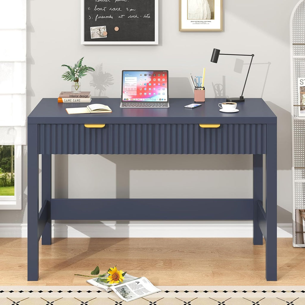 YOMILUVE Fluted Computer Desk with 2 Drawers, 39 Inch Small Computer Desk with Storage, Compact Writing Study Desk for Small Spaces, Blue