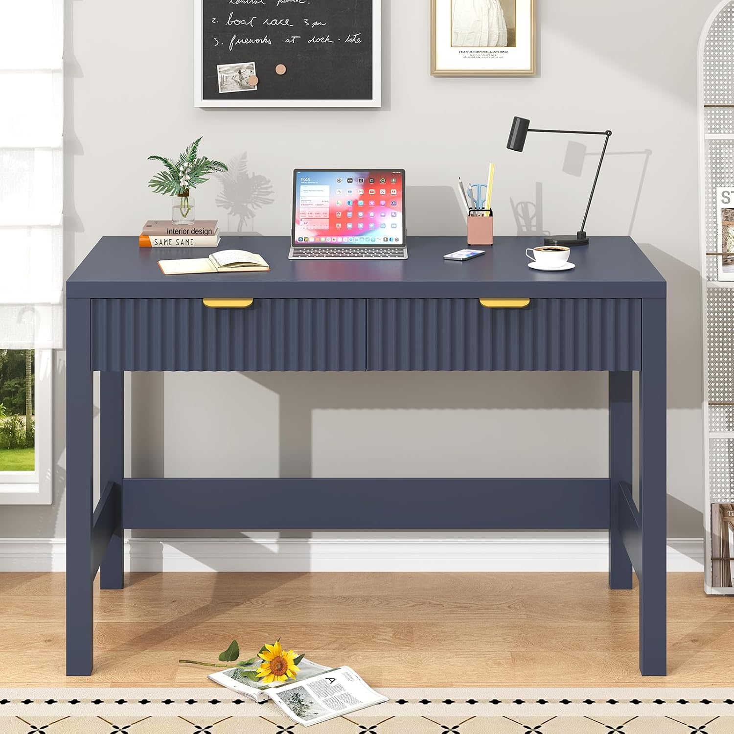 YOMILUVE Fluted Computer Desk with 2 Drawers, 39 Inch Small Computer Desk with Storage, Compact Writing Study Desk for Small Spaces, Blue