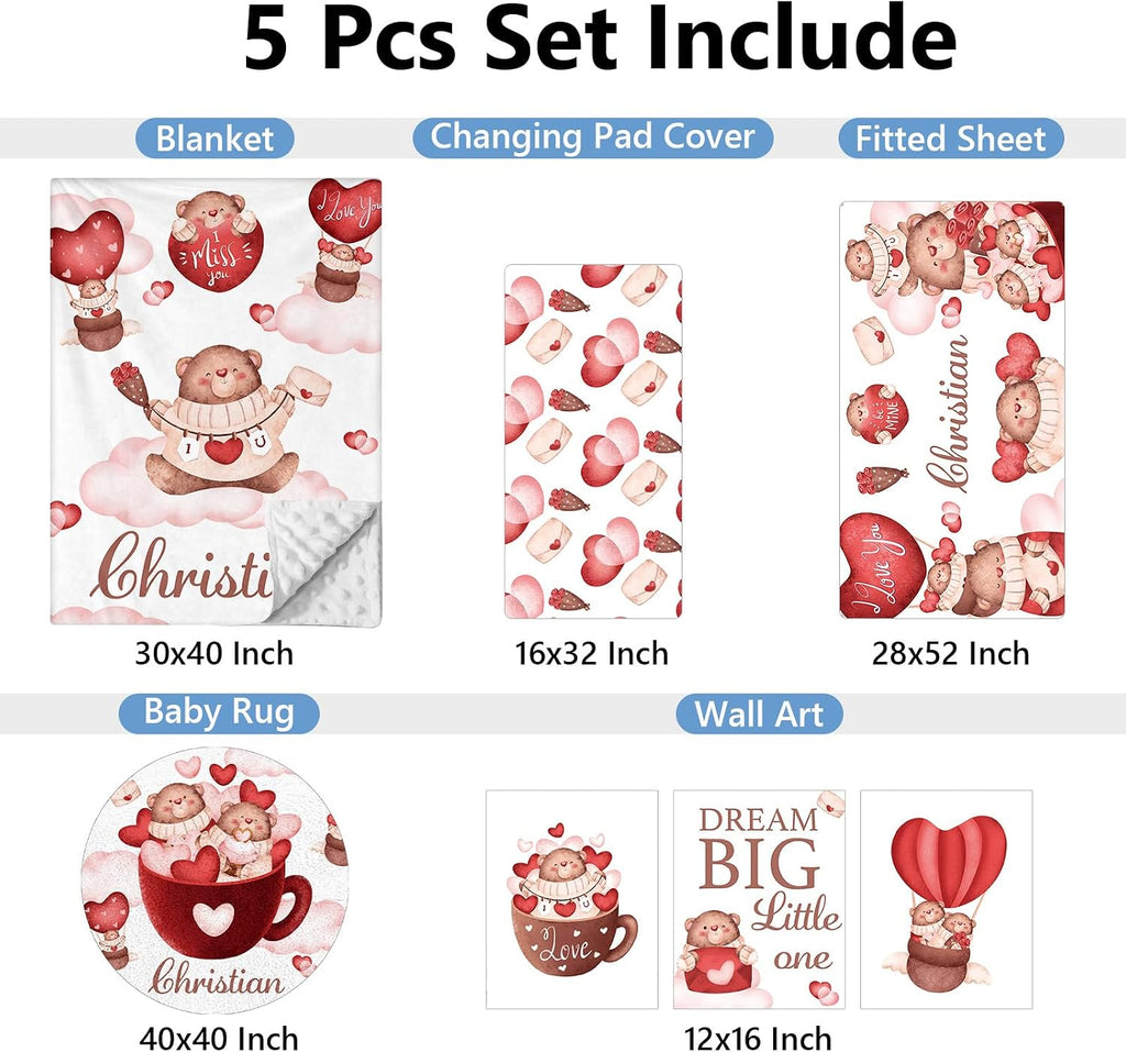 KAINSY Custom Crib Bedding Set 5 Piece for Girls Boys – Personalized Heart Bear Theme, Newborn Sleep Set, Nursery Decor, Toddler Room Essentials, Infant Sleep, Baby Room Accessories, Baby Gift