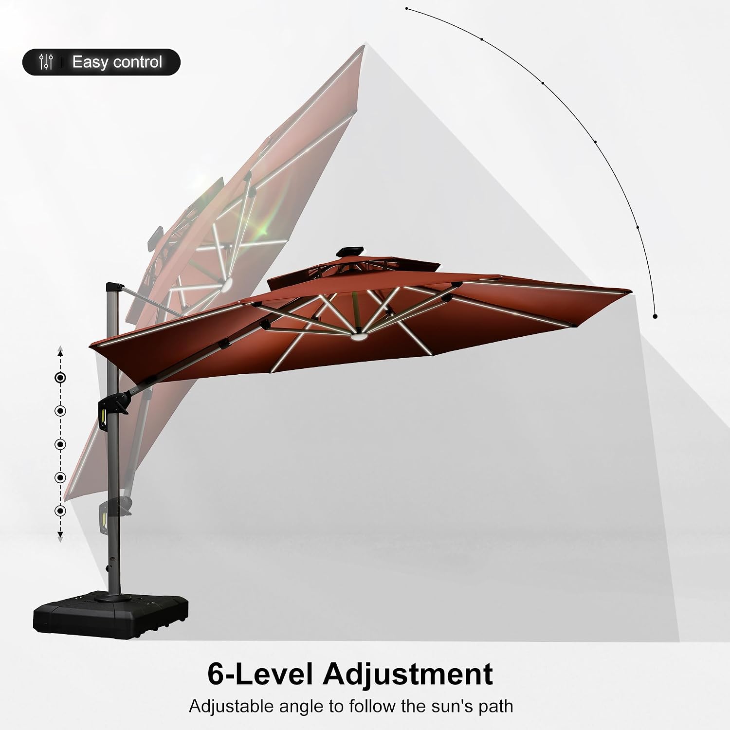 PURPLE LEAF 12ft Solar powered LED Patio Umbrella Outdoor Round Large Cantilever Umbrella with LED lights Windproof for Garden Deck Pool Patio, Brick Red