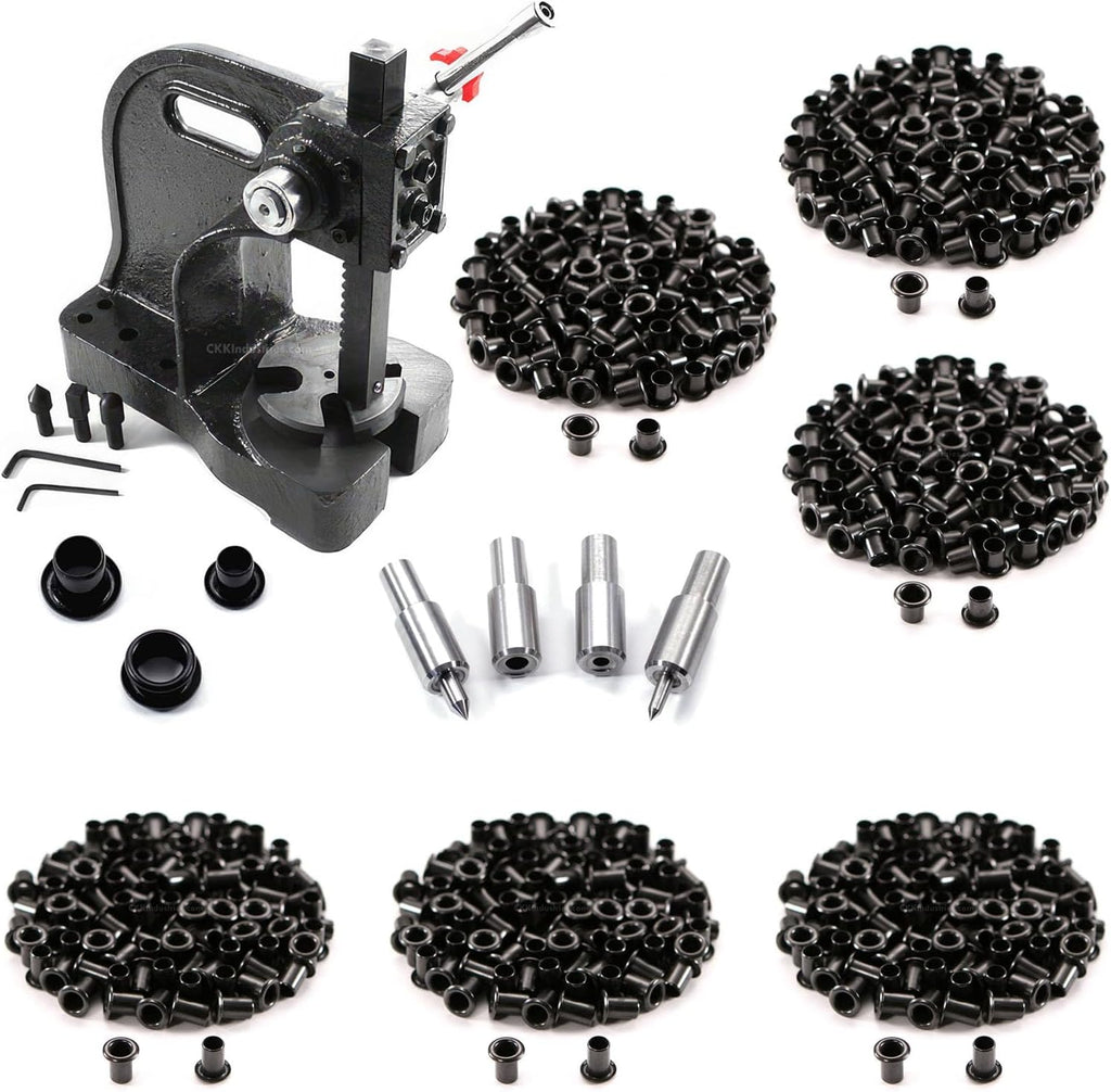 HolsterSmith Eyelet Setting Press + #6-9 & #8-9 Eyelet Bundle - (Master Series Press) - (Includes: Arbor Press, 3/16 + 1/4 Eyelet Setting Dies) - (#6-9 & #8-9 Black Coated Eyelets) - for DIY Hobby & C