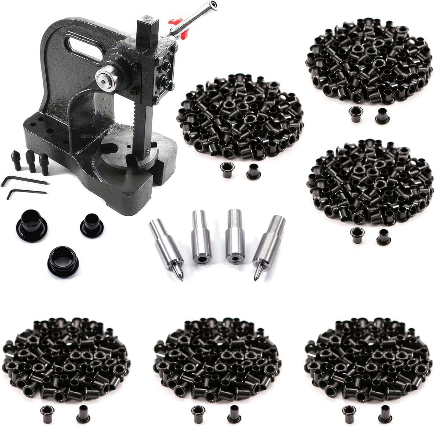 HolsterSmith Eyelet Setting Press + #6-9 & #8-9 Eyelet Bundle - (Master Series Press) - (Includes: Arbor Press, 3/16 + 1/4 Eyelet Setting Dies) - (#6-9 & #8-9 Black Coated Eyelets) - for DIY Hobby & C