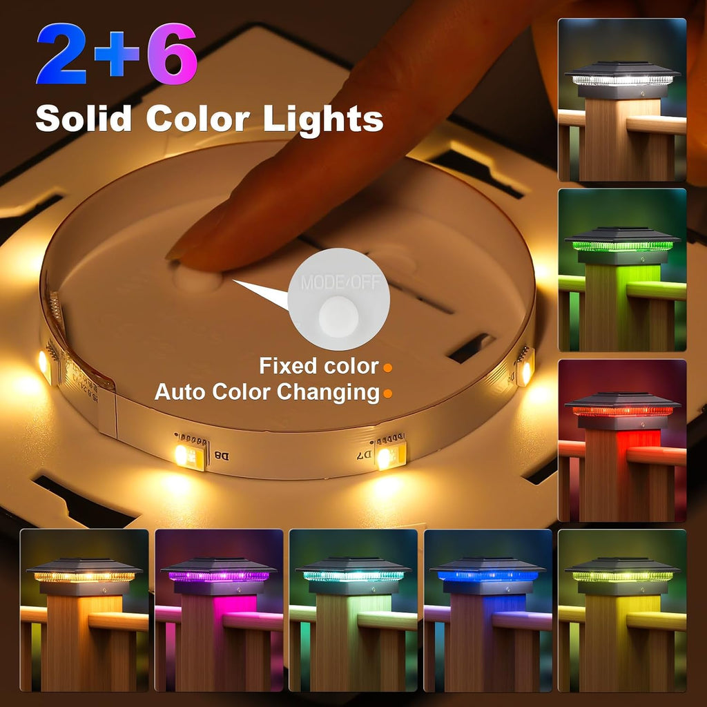 APONUO Solar Post Cap Lights Color Changing - RGB 8 Solid & Gradient Colors, IP65 Waterproof, for 4x4 5x5 6x6 Wood Vinyl Fences, Deck, Patio, Yard, Black, 16 Pack
