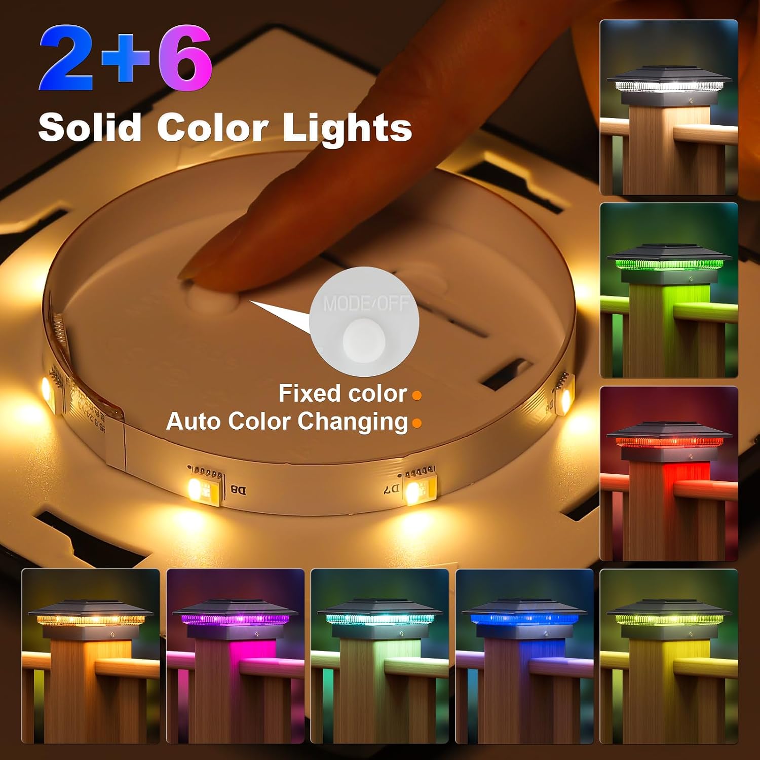 APONUO Solar Post Cap Lights Color Changing - RGB 8 Solid & Gradient Colors, IP65 Waterproof, for 4x4 5x5 6x6 Wood Vinyl Fences, Deck, Patio, Yard, Black, 16 Pack