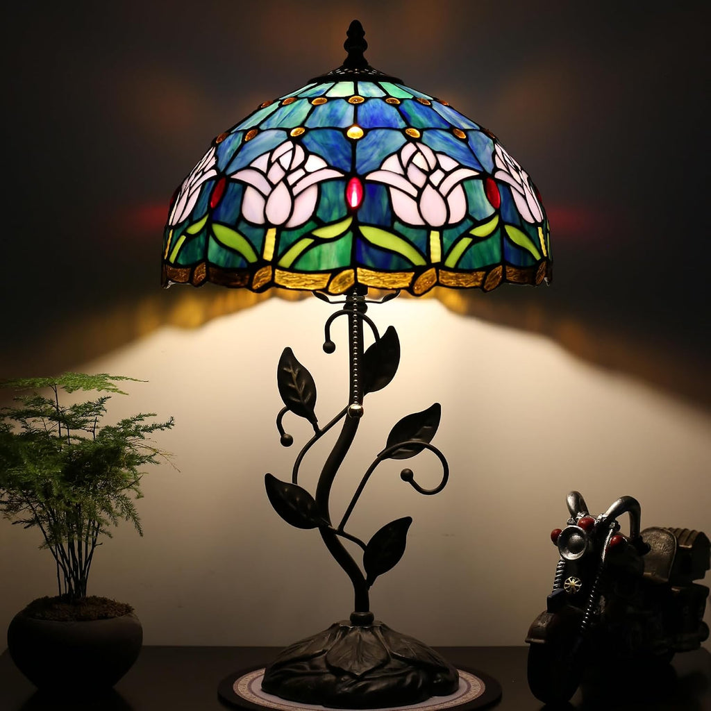 Tiffany Lamp Stained Glass Style Table Lamp Pink Tulips Style Bedside Desk Reading Light W12H19 Inch Metal Leaf Base with Metal Leaf Base