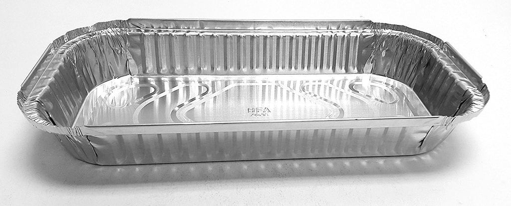 PACTOGO 3 lb. Oblong Aluminum Foil Entrée Take-Out Pan with Board Lid Disposable Containers 12.37' x 6.57' x 1.43' (Pack of 100 Sets)