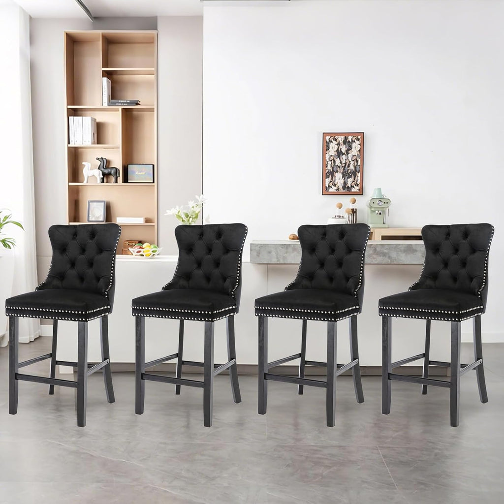 Elegant Black Velvet Bar Stools Set of 4,Delicate Upholstered Counter Height Barstool with Backrest,Wooden Legs Design for Kitchen Islands & Pubs（Black